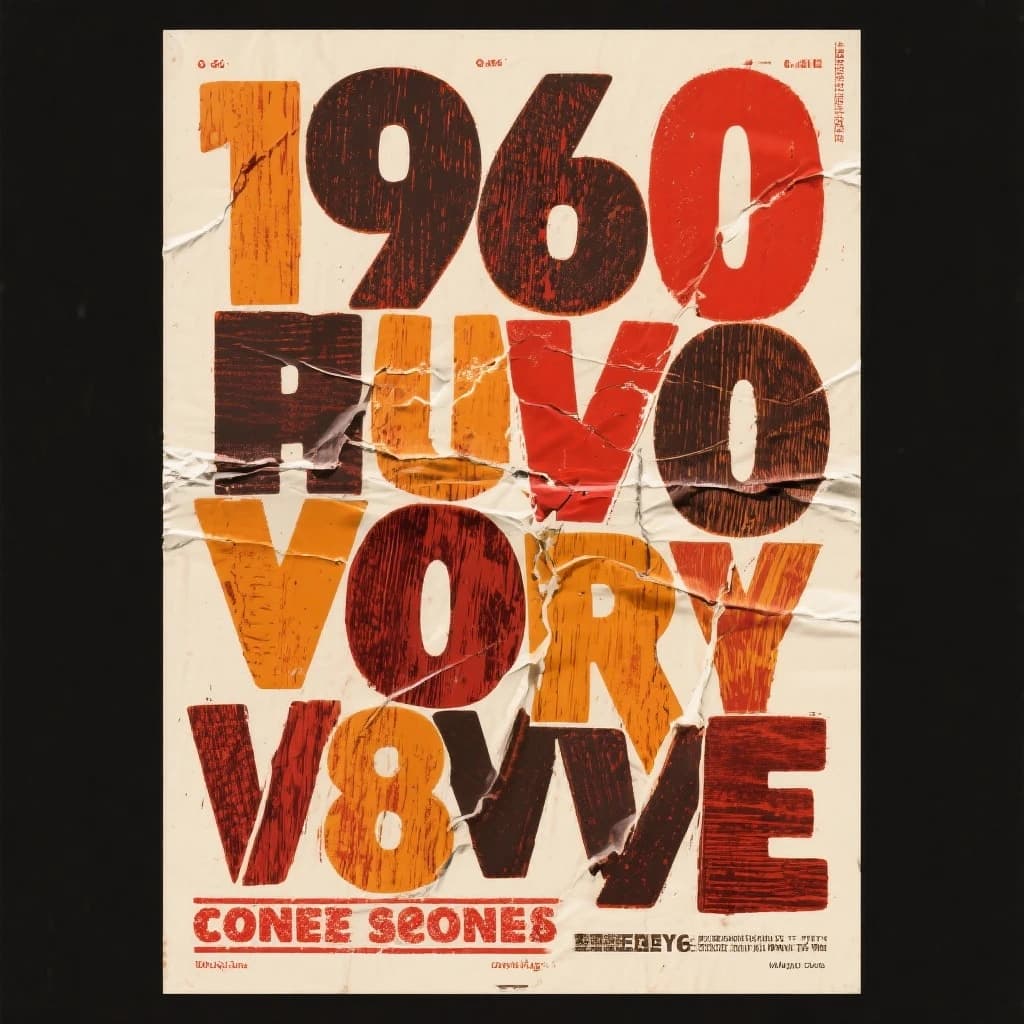 Make a 1960s concert poster featuring bold wood type, misaligned ink, creases.