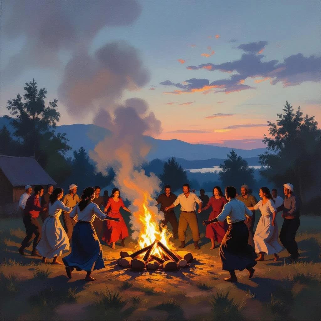 Make an oil painting of villagers dancing by a bonfire at dusk, a bit smoky.