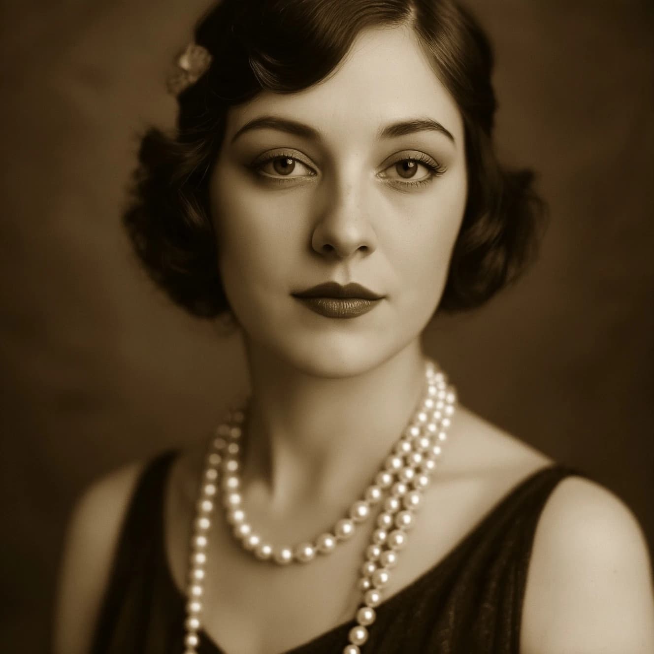 Sepia-toned studio portrait of a flapper with pearl necklace, soft grain.