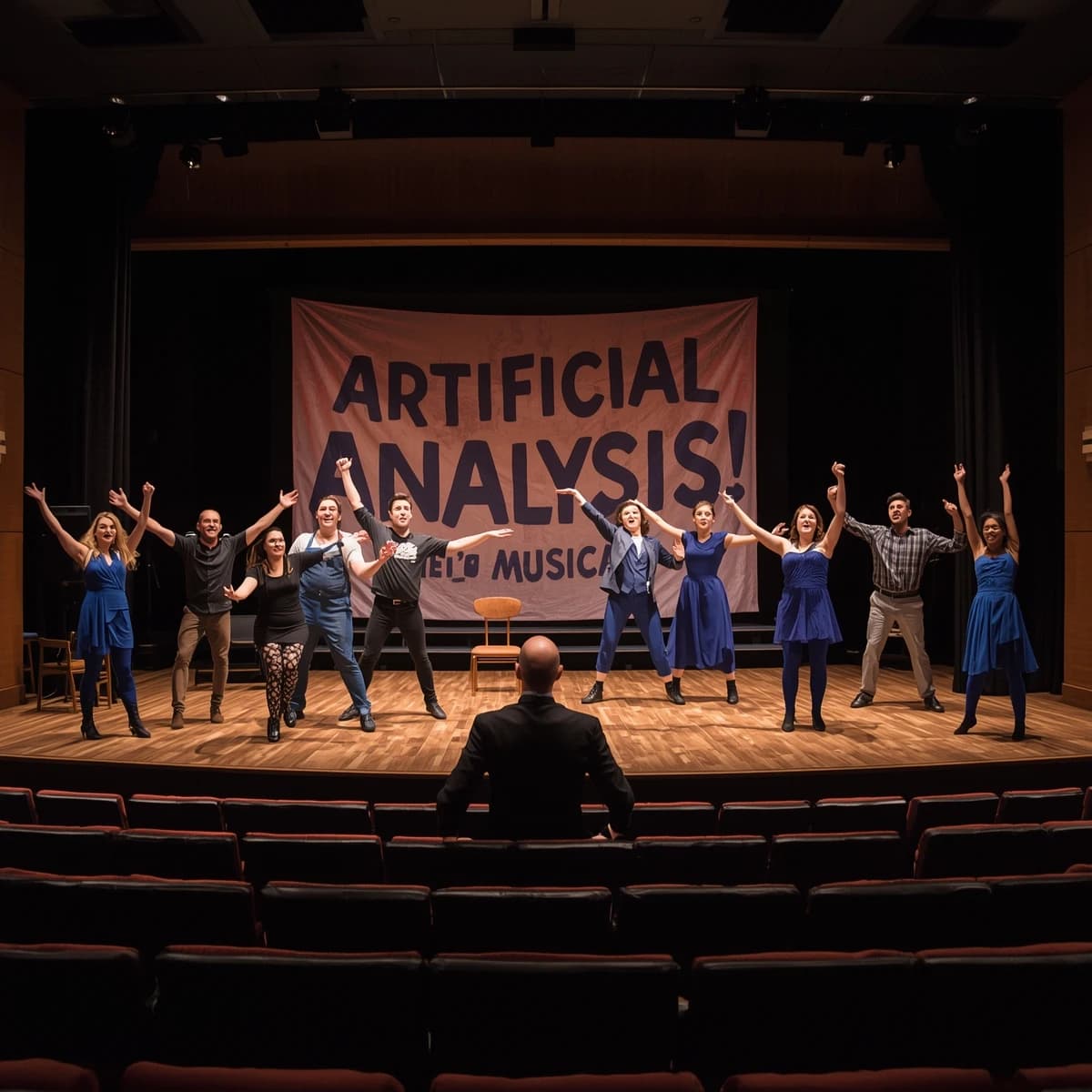 The musical troupe do a rehearsal in a large, empty theatre. 9 people are on the stage, half wear black and the others wear blue. The skinny bald director, seated in the second row, is practically leaping out of their seat with excitement as the leads nail their aerial. A giant banner reading "Artificial Analysis: The Amazing Musical!" is behind the actors.