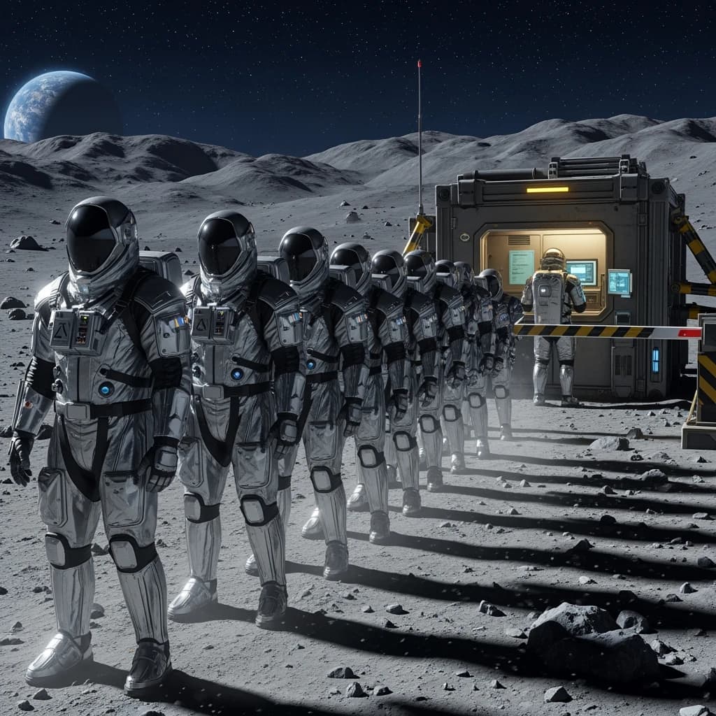 Silver exosuits queue at a dusty lunar checkpoint.