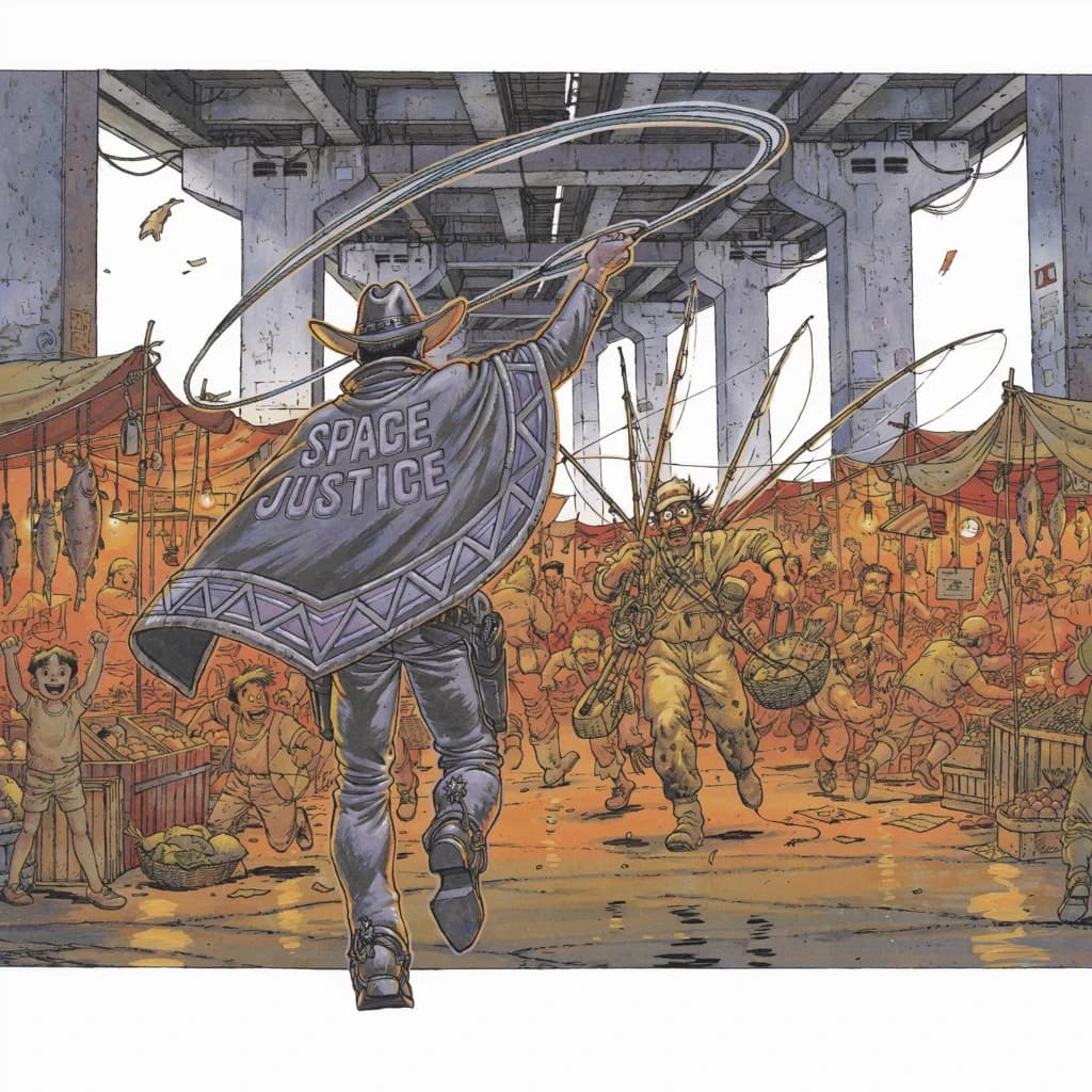 The space cowboy chases the deranged fisherman underneath the causeway, eager to collect on his bounty. Fishing rods and lines hang off the back off the fishermen as he darts between the bustling market crowd. We see the back of the space cowboy in his space poncho emblazoned with the words SPACE JUSTICE, spinning his lasso over his head. A child on the sidelines excitedly cheers the cowboy. 1990s hand drawn anime style with strong fluidity