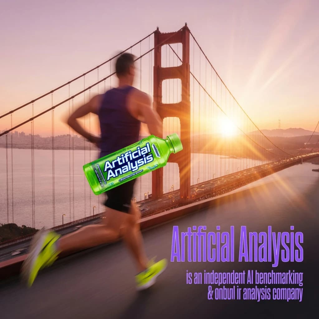 A runner dashes across the Golden Gate Bridge at dawn, sunlight streaming between cables. In their hand, they carry a neon-green sports drink with the brand name Artificial Analysis splashed boldly across the bottle. Motion blur emphasizes speed, while crisp purple sans serif typography overlays the bottom right of the scene with the tagline: Artificial Analysis is an independent AI benchmarking & analysis company