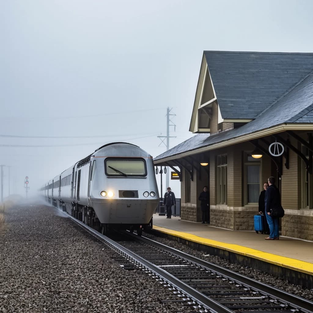 A commuter train enters a foggy little station.