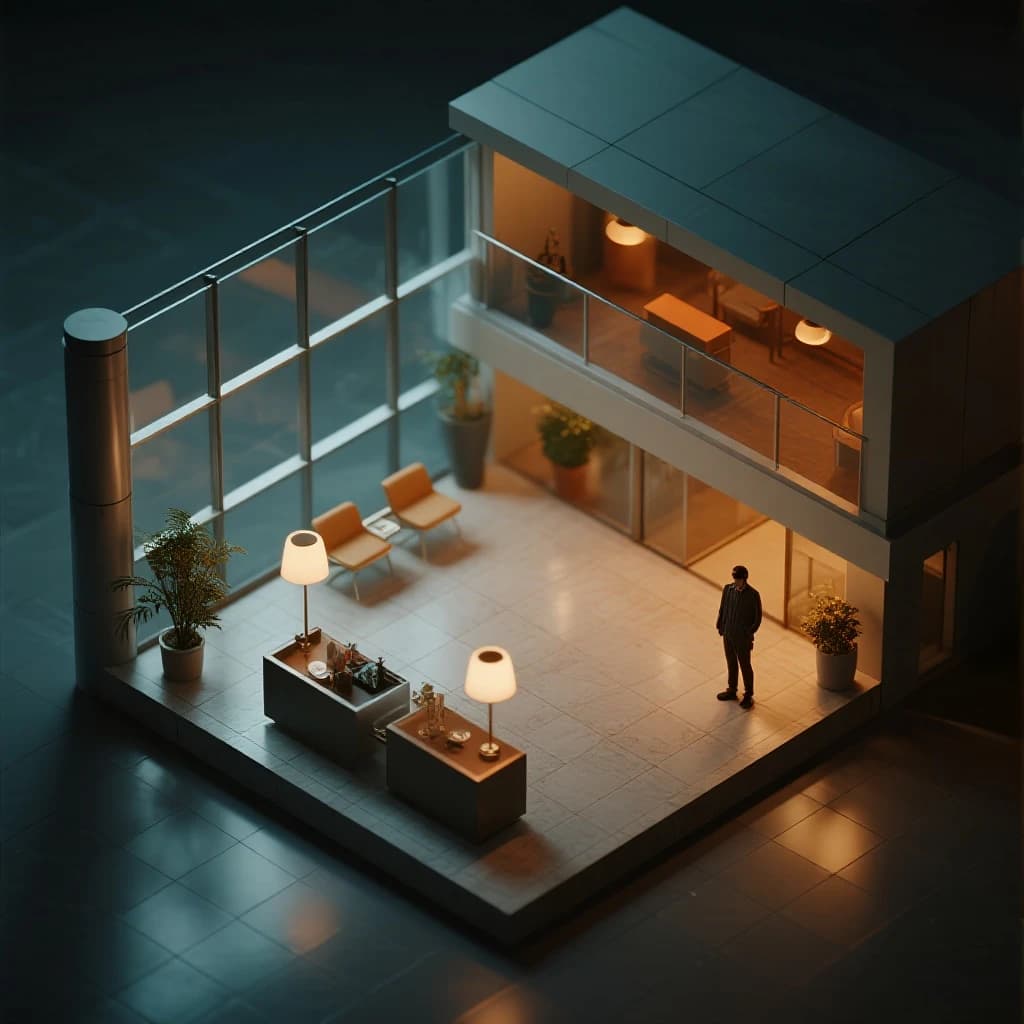 Isometric 3D lobby, glass walls, warm lights, slightly moody, soft shadows.