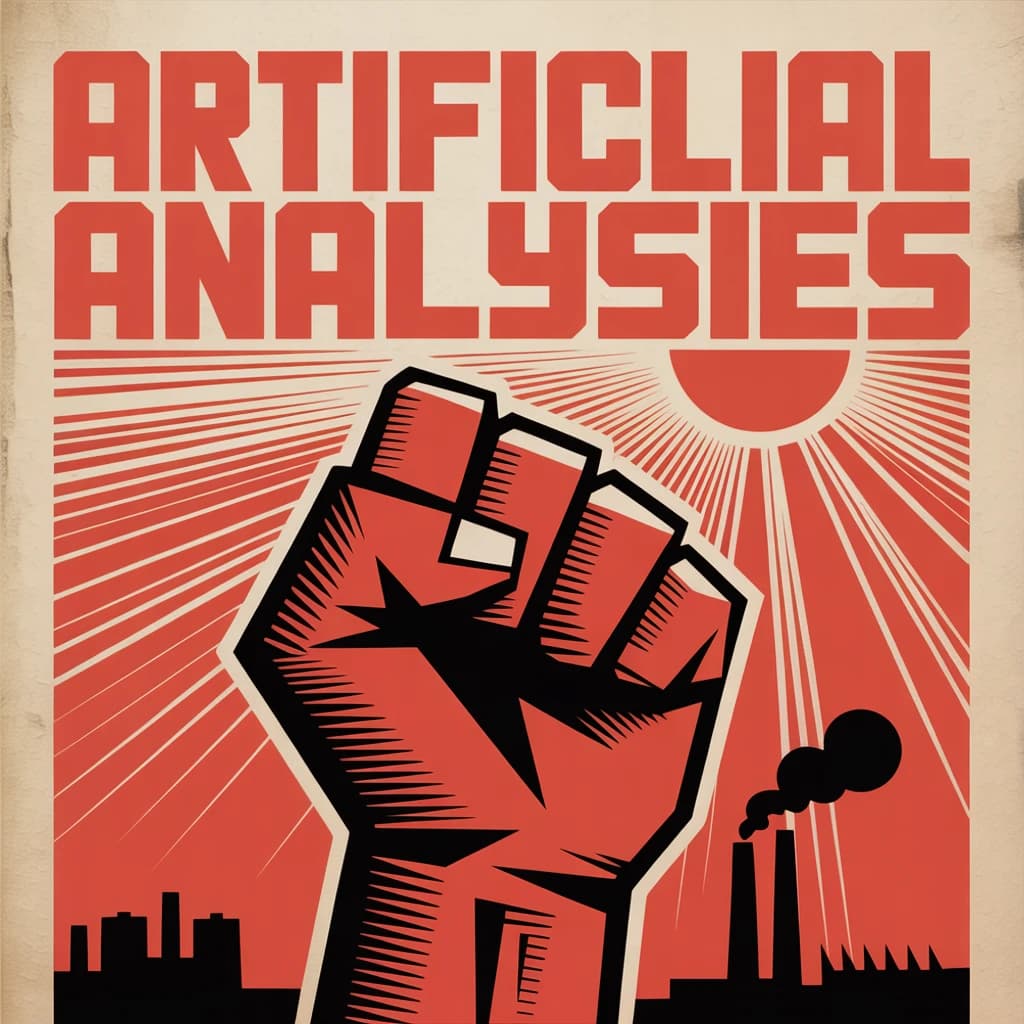 A propaganda poster in stark red, black, and beige. A clenched fist rises in the foreground, rendered with sharp geometric blocks. Behind it, radiating lines stretch upward toward a stylized sun. At the top, bold sans-serif lettering in Cyrillic-inspired type spells out Artificial Analysis, tilted at an angle for emphasis. A factory skyline silhouettes the bottom edge, smoke stacks rising into the background. The texture is rough, printed on aged paper with visible creases and ink bleed. Designed in the constructivist Soviet poster style.