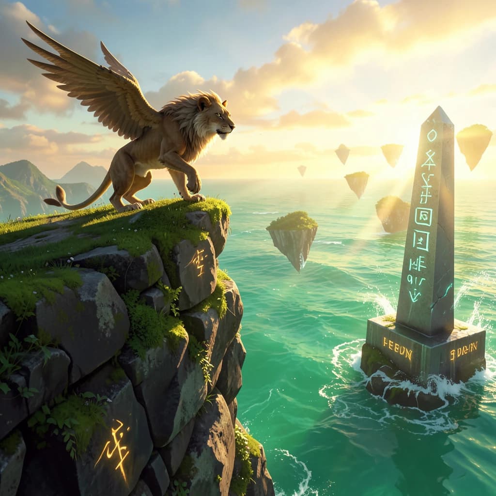 At dawn, a winged griffin lands on a mossy cliff above a jade sea beside a runed obelisk; floating isles drift under golden sunbeams, with a bit of sea spray and glowing runes.