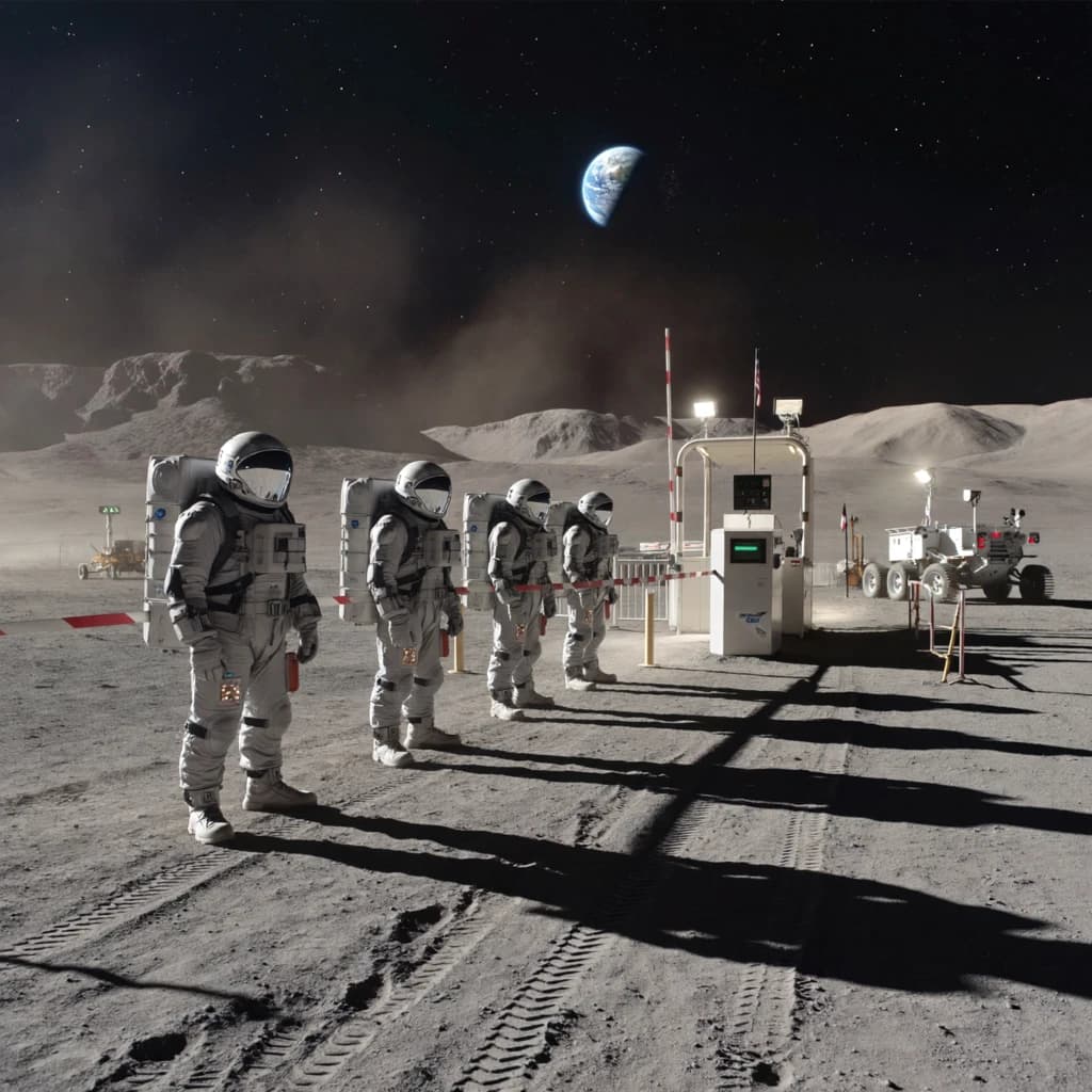 Silver exosuits queue at a dusty lunar checkpoint.