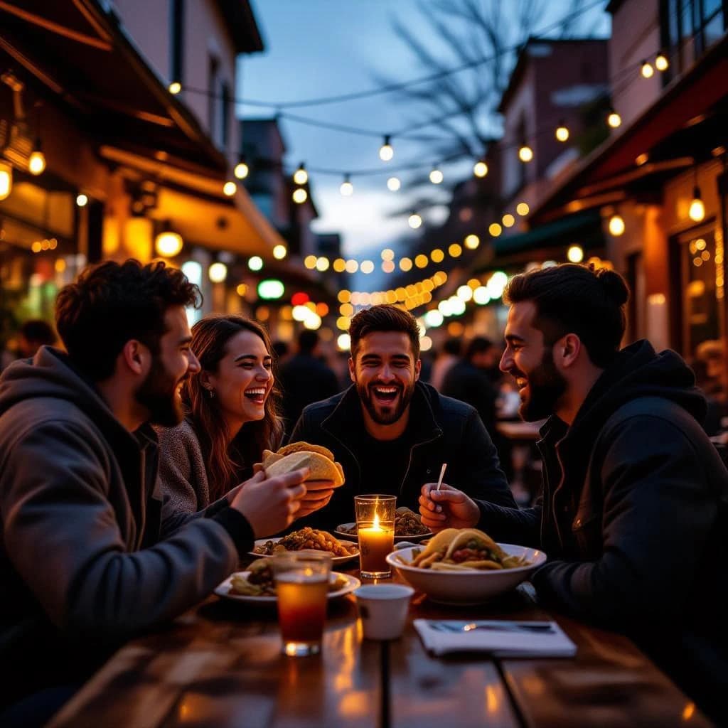 Friends laugh over street tacos at dusk, candid, shallow depth.