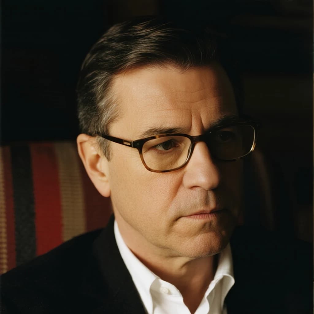 A sharply lit portrait of a middle-aged man wearing thin-rimmed glasses and a dark jacket over a white collared shirt. He gazes intently to the side, his face half illuminated by warm light while the background recedes into deep shadow. The expression is thoughtful, almost wary, as if caught mid-conversation. Behind him, a striped cushion in muted reds and blacks adds subtle texture, contrasting with the crisp highlights on his forehead and glasses. The overall mood is contemplative and cinematic, balancing warmth with tension.
