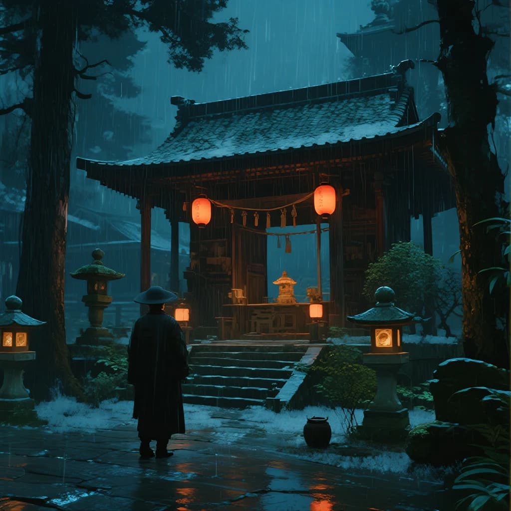 Lantern-lit shrine courtyard at night, cel-shaded, soft glow, drizzle.