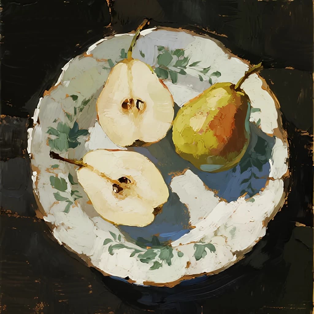 A gouache still life of pears on a chipped plate.