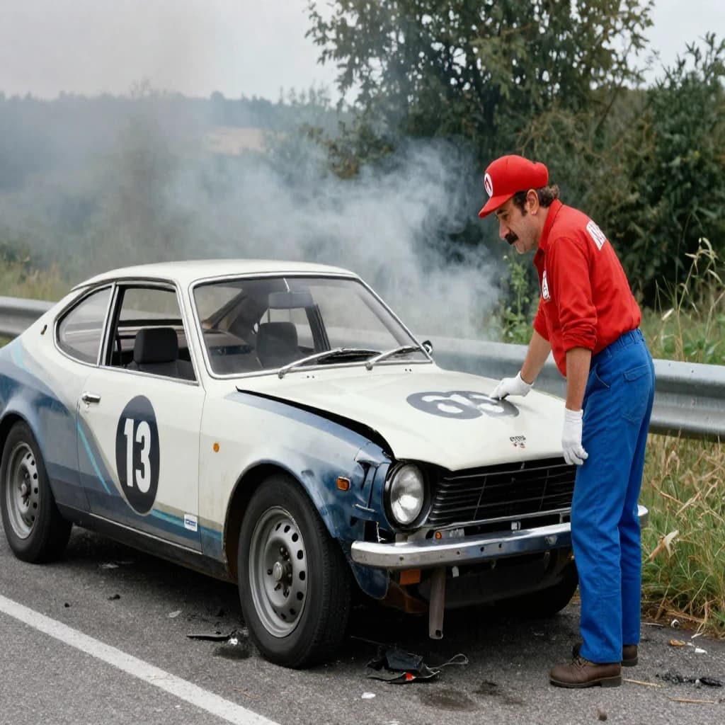 Mario examines the still smouldering wreck of the crash that took his best driver on the side of the country road. He designed this car and caused this. 3 days have passed since the crash. It's 1973 in Northern Italy.