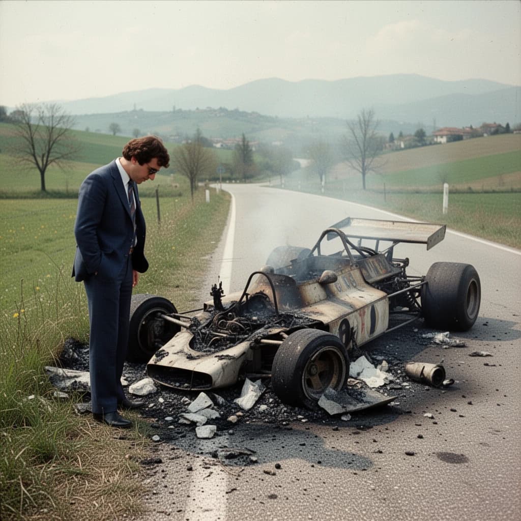 Mario examines the still smouldering wreck of the crash that took his best driver on the side of the country road. He designed this car and caused this. 3 days have passed since the crash. It's 1973 in Northern Italy.
