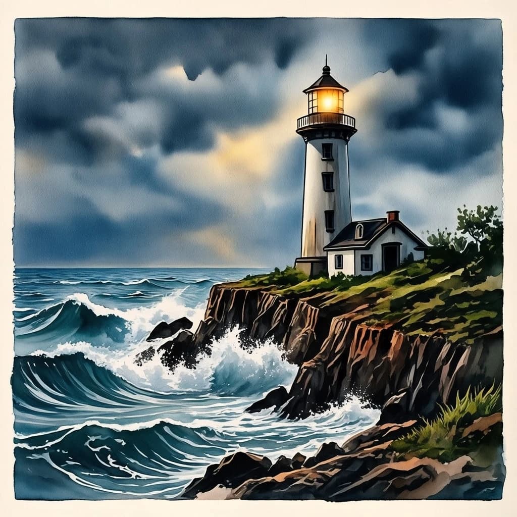 Please paint a watercolor of stormy cliffs and a lighthouse, moody sky.
