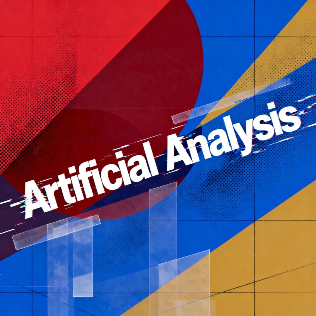 A bold poster composition dominated by flat geometric shapes in crimson, cobalt, and ochre. Overlapping circles and sharp diagonal lines create dynamic tension across the frame. A single sans-serif word — Artificial Analysis — stretches across the center in stark white, distorted slightly as though caught mid-glitch. The background is textured with halftone dots and faint grid lines, while subtle overlays of translucent rectangles suggest depth. Designed in the spirit of modernist Swiss typography fused with digital glitch aesthetics.