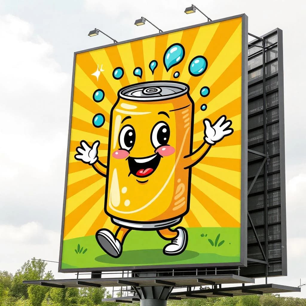 Design a bright soda billboard ad with a bubbly can mascot, thick inky lines.