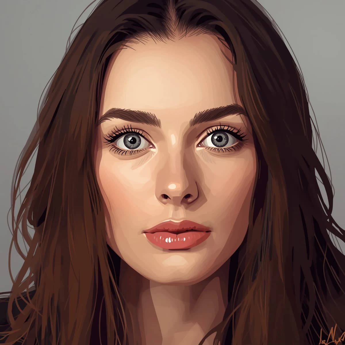 Show a cel-shaded portrait of an adult woman, big eyes, soft rim light.