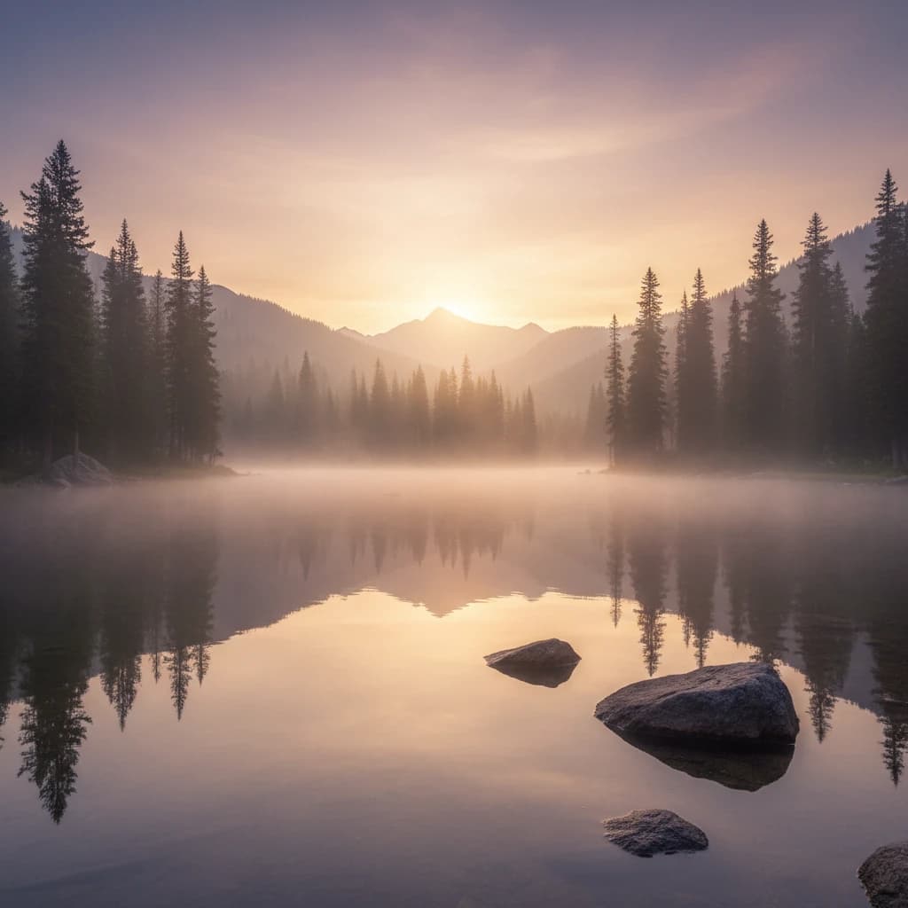 I want a photo of a misty alpine lake at dawn, pines, glassy water, warm light.