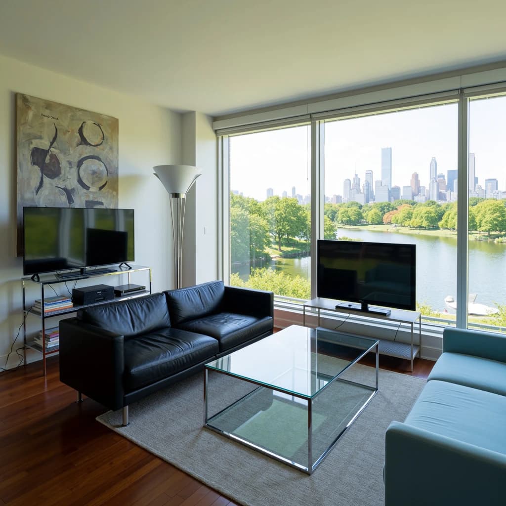 My apartment overlooks Central Park. It’s very luxurious, very expensive, and the furniture is minimal — a black leather couch, a glass coffee table with chrome legs, an Arne Jacobsen floor lamp. A big-screen television set rests on a steel shelving unit. A David Onica painting hangs above the couch. There’s a stainless steel and glass cocktail table. A powder-blue sofa. A thirty-inch digital TV.