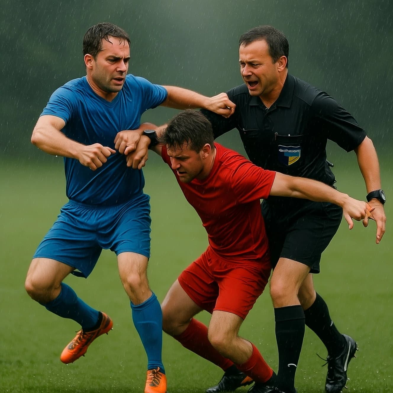 The soccer player clashes with the ref. It is thick and humid and the heat is getting to the players. His friend tries to pull him off before he causes any more trouble.