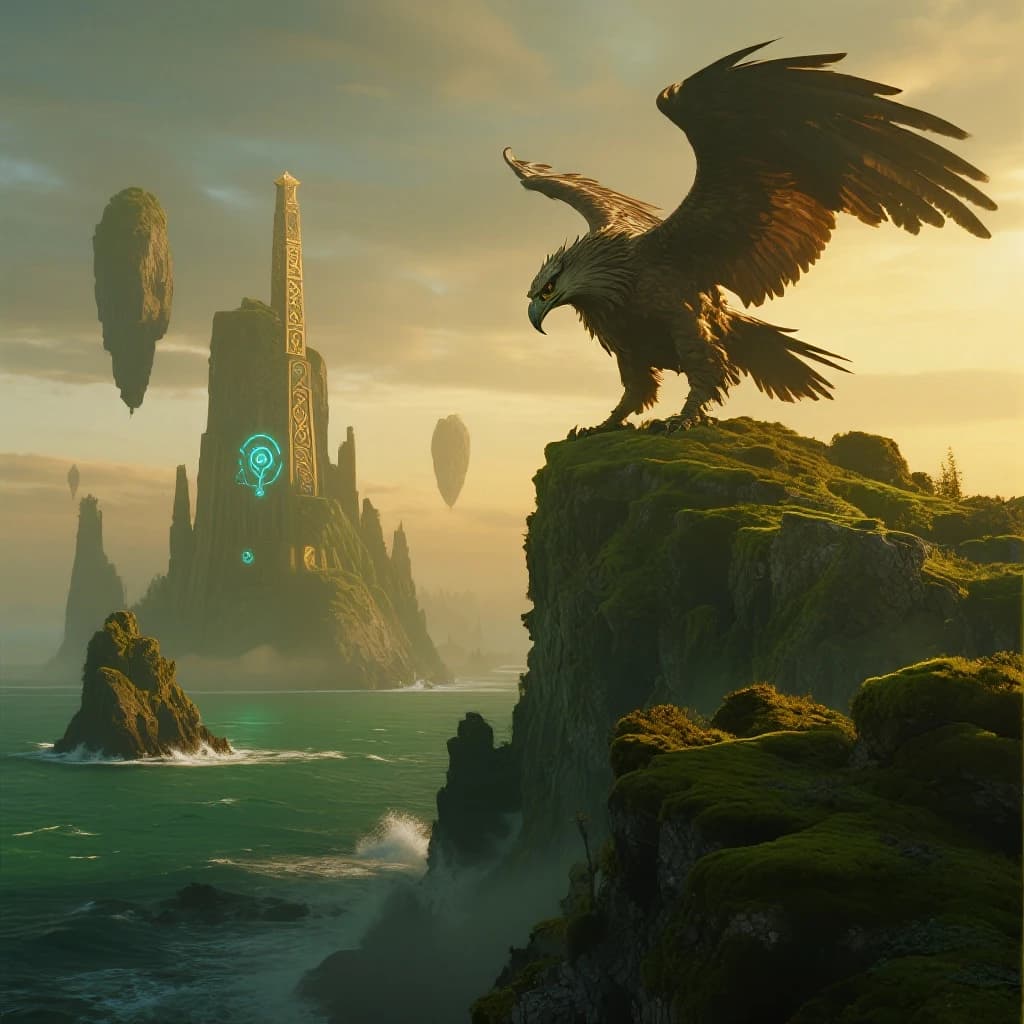 At dawn, a winged griffin lands on a mossy cliff above a jade sea beside a runed obelisk; floating isles drift under golden sunbeams, with a bit of sea spray and glowing runes.