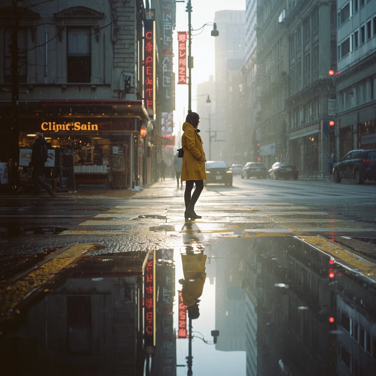 A sunlit city street after rain; puddles mirror neon signs as a woman in a yellow raincoat waits at a crosswalk, soft mist, 50mm look, natural tones, a bit of film grain.
