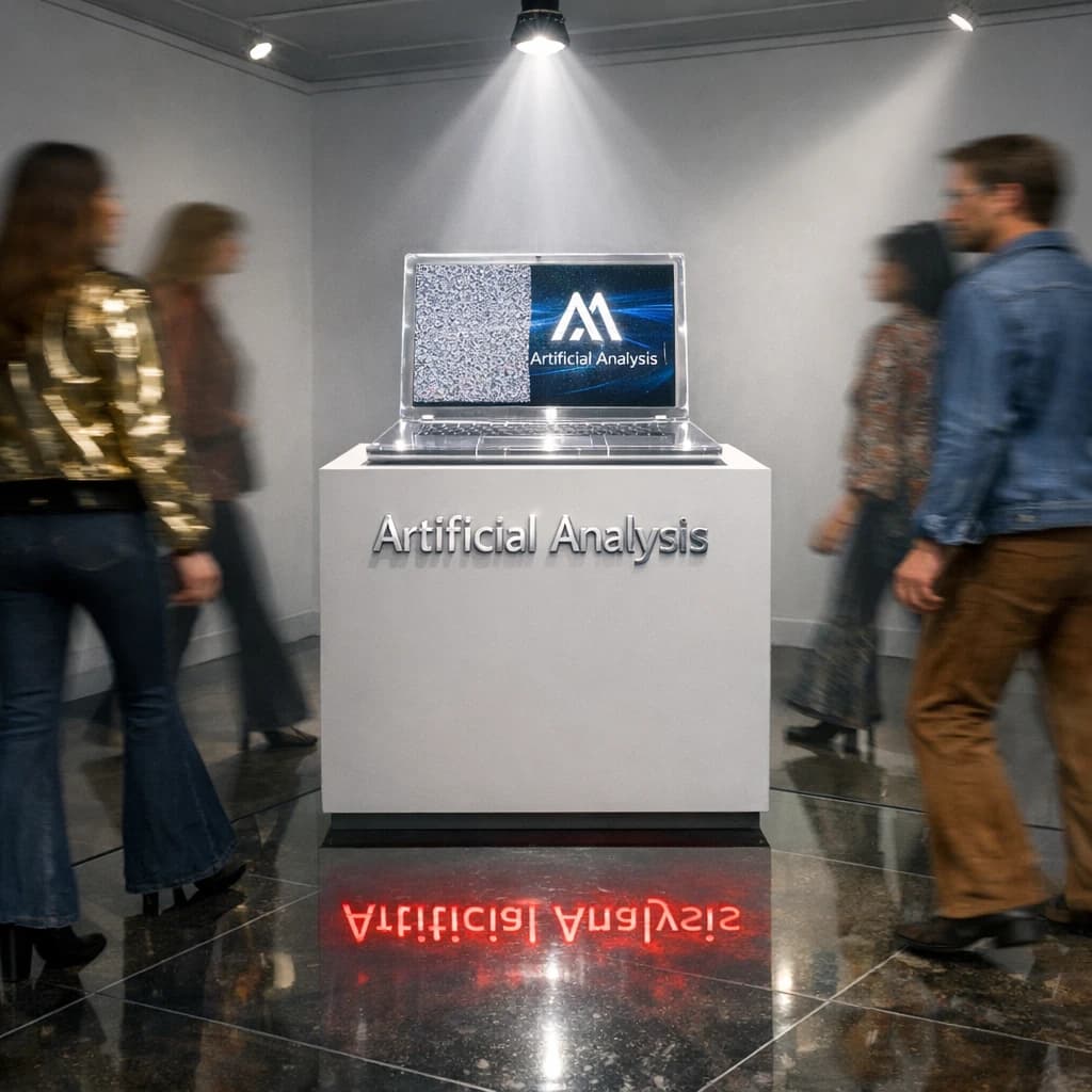 In a spotless gallery space, a pedestal supports a transparent laptop whose screen flickers between static and pristine brand imagery. Shoppers blur past in designer clothes that appear slightly outdated - bell bottoms, metallic jackets. The embossed logo “Artificial Analysis” glints silver, yet its reflection in the glass floor reads in crimson letters. A single spotlight shines, though shadows fall in two directions.