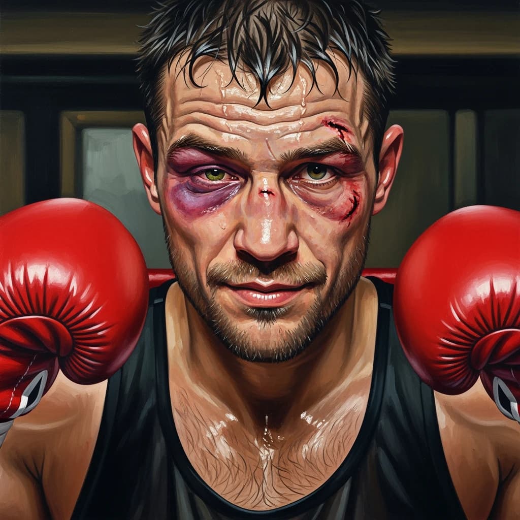 Paint a bruised boxer smiling, serious expression.