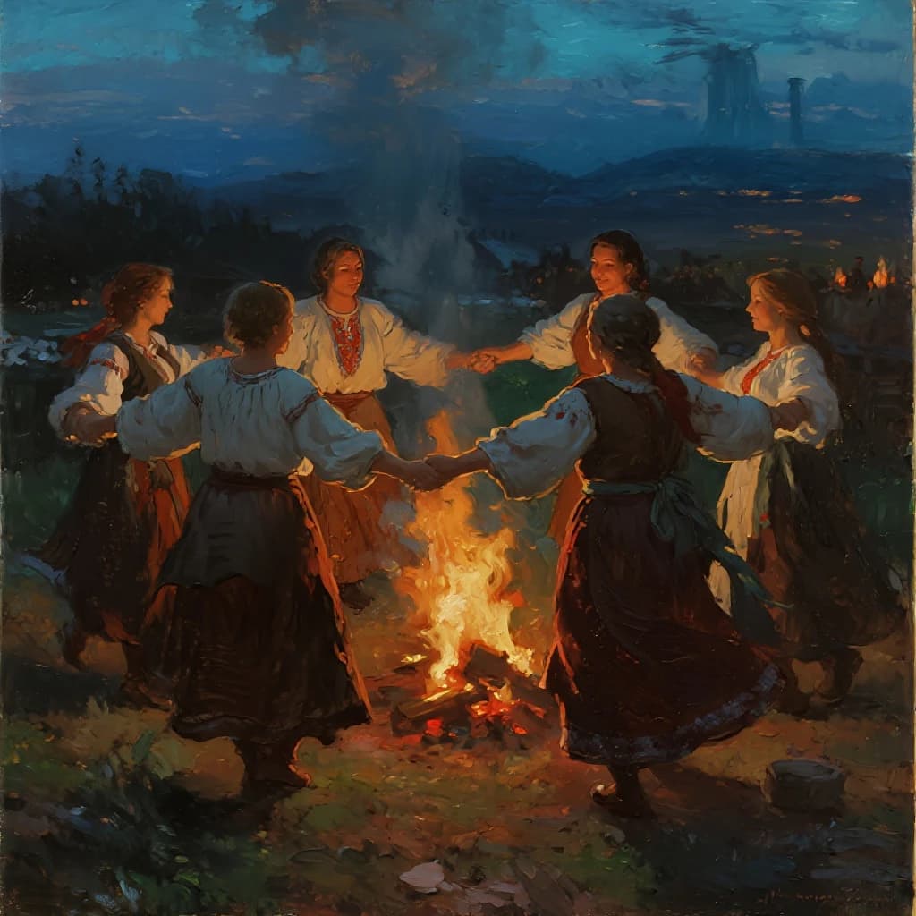 Make an oil painting of villagers dancing by a bonfire at dusk, a bit smoky.
