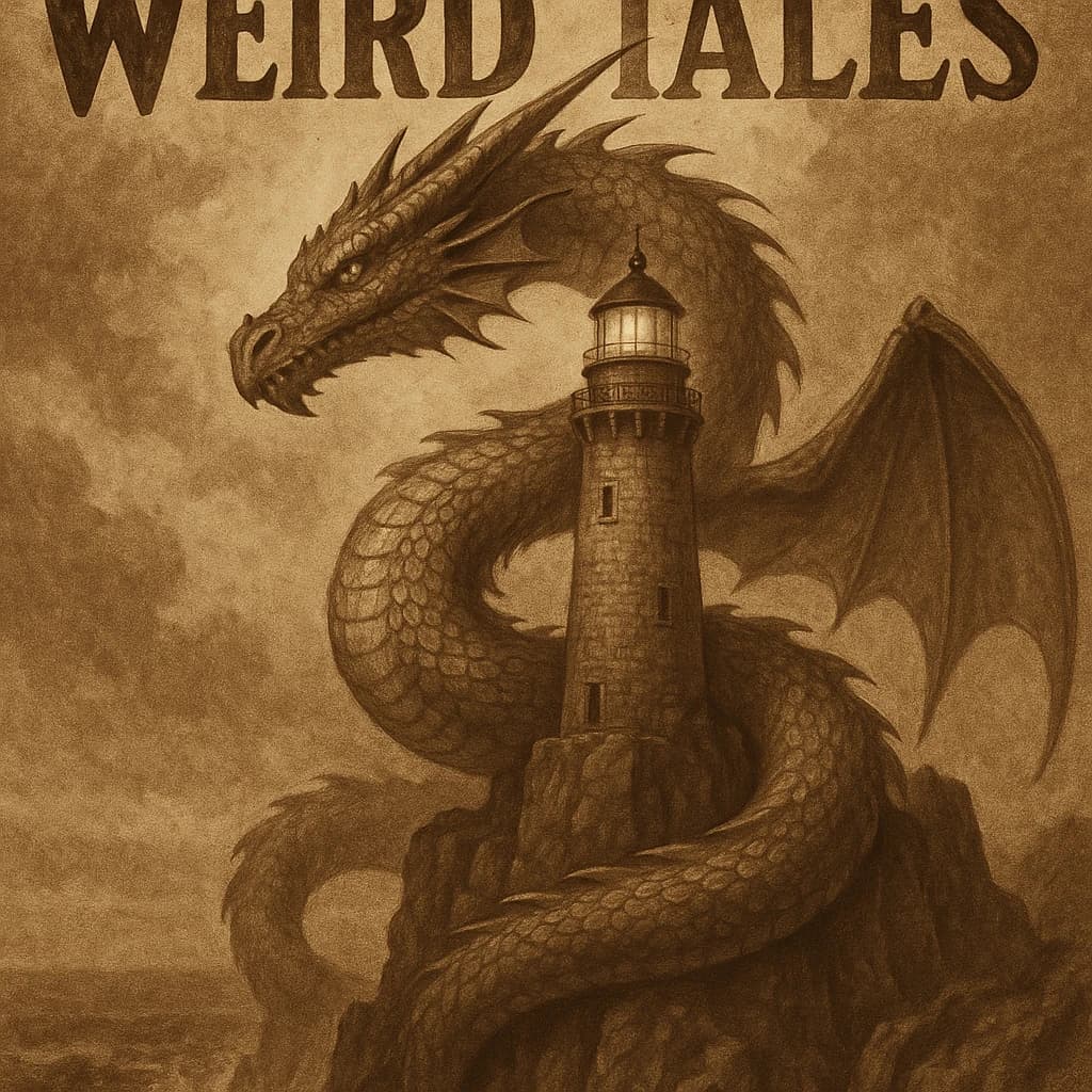 Let's do a sepia pulp cover where a dragon coils around a cliffside lighthouse.