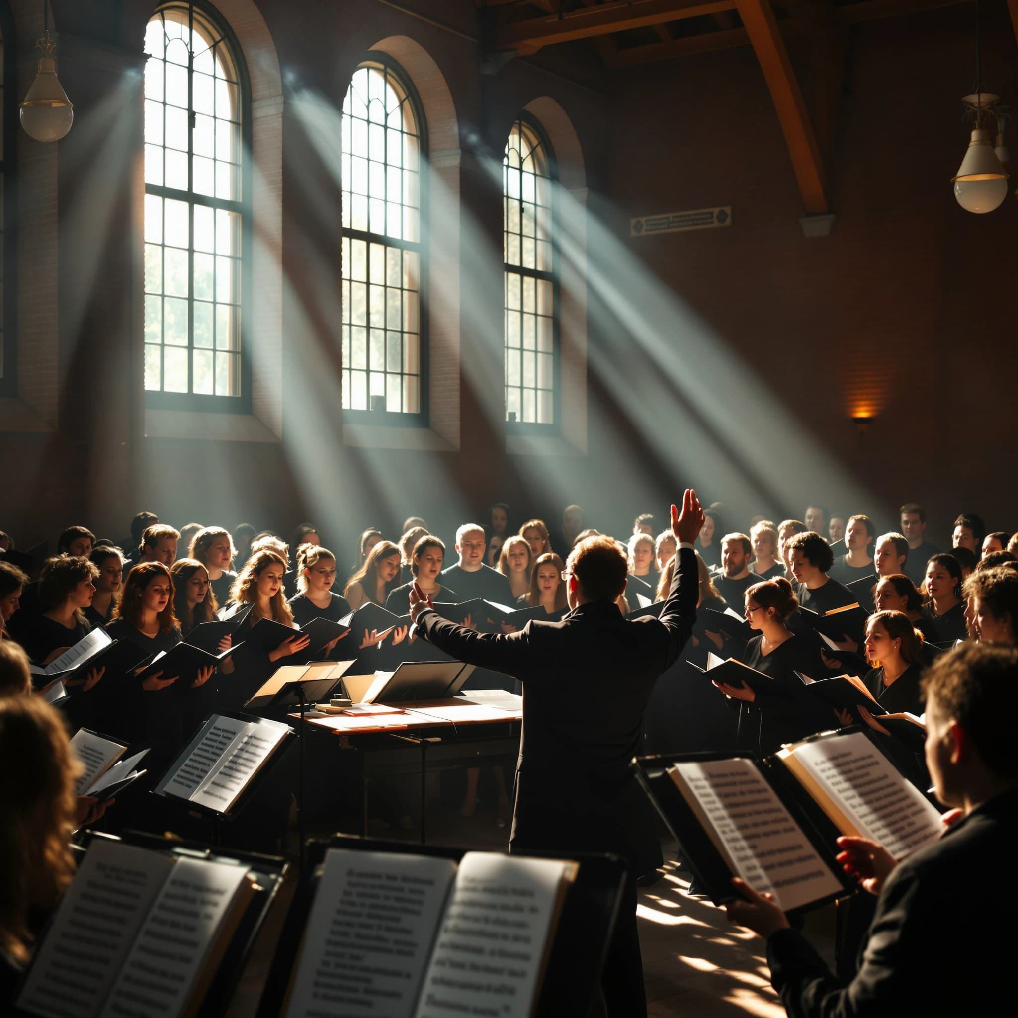 A choir rehearses in a brick hall as somewhat dramatic morning light falls through high windows, with a patient conductor mid-gesture, open scores, intent faces, slight motion blur.