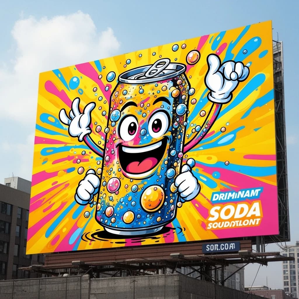 Design a bright soda billboard ad with a bubbly can mascot, thick inky lines.