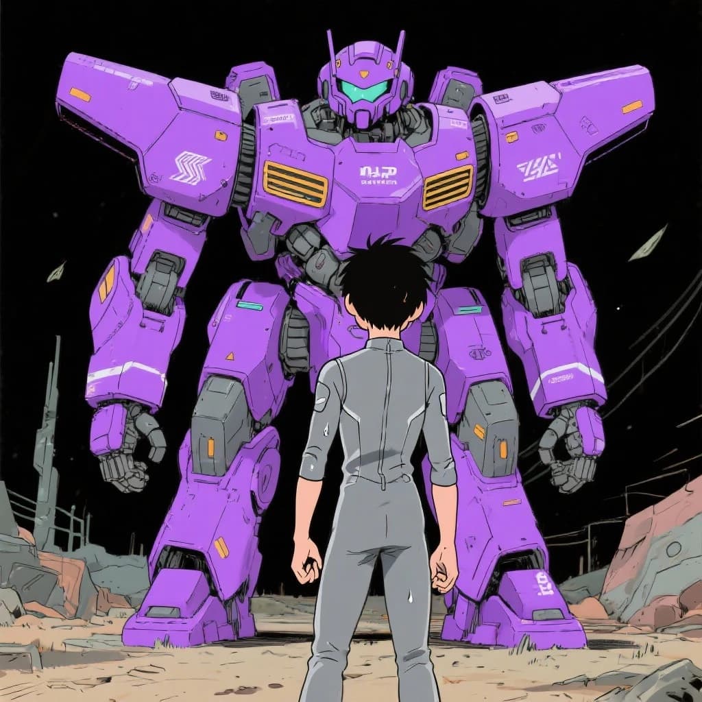 Clad in his body suit up to the neck, young Masa nervously approaches the towering mech with his back facing us. He is nervous for his first time in the field. The mech's bright purple colour scheme contrasts with the grey body suit. The scale of the mech dwarfs Masa. Hand drawn style
