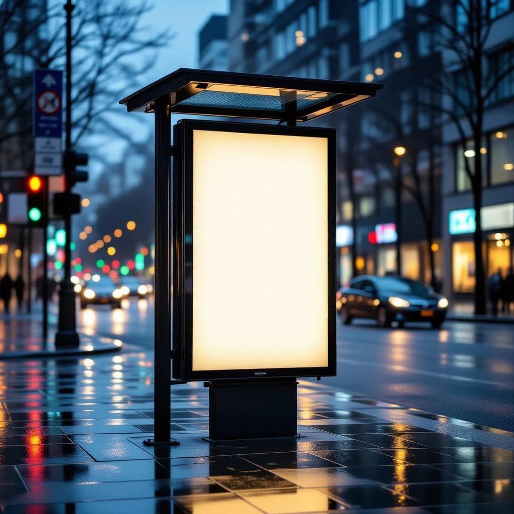 Show a billboard mockup at dusk: glass bus stop shelter, glowing lightbox, blank ad panel, city blur, raindrops, space for copy, looks premium but a bit gritty.