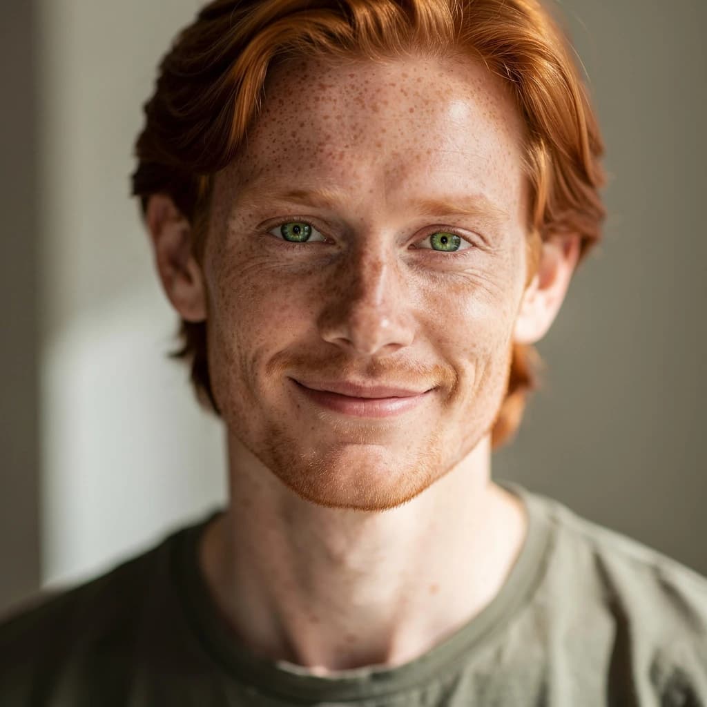 Shoot a natural light headshot of a red-haired man with freckles, green eyes.