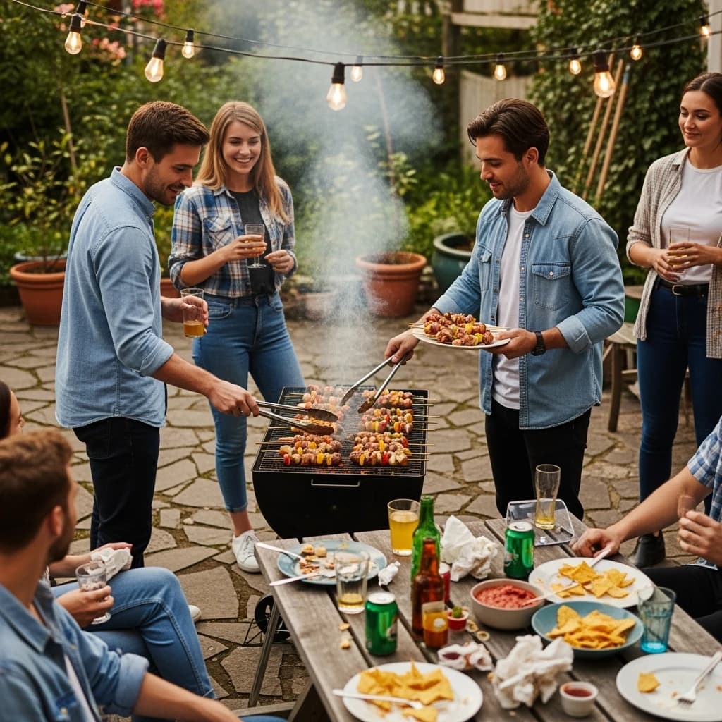 Friends grill skewers on a slightly messy patio.