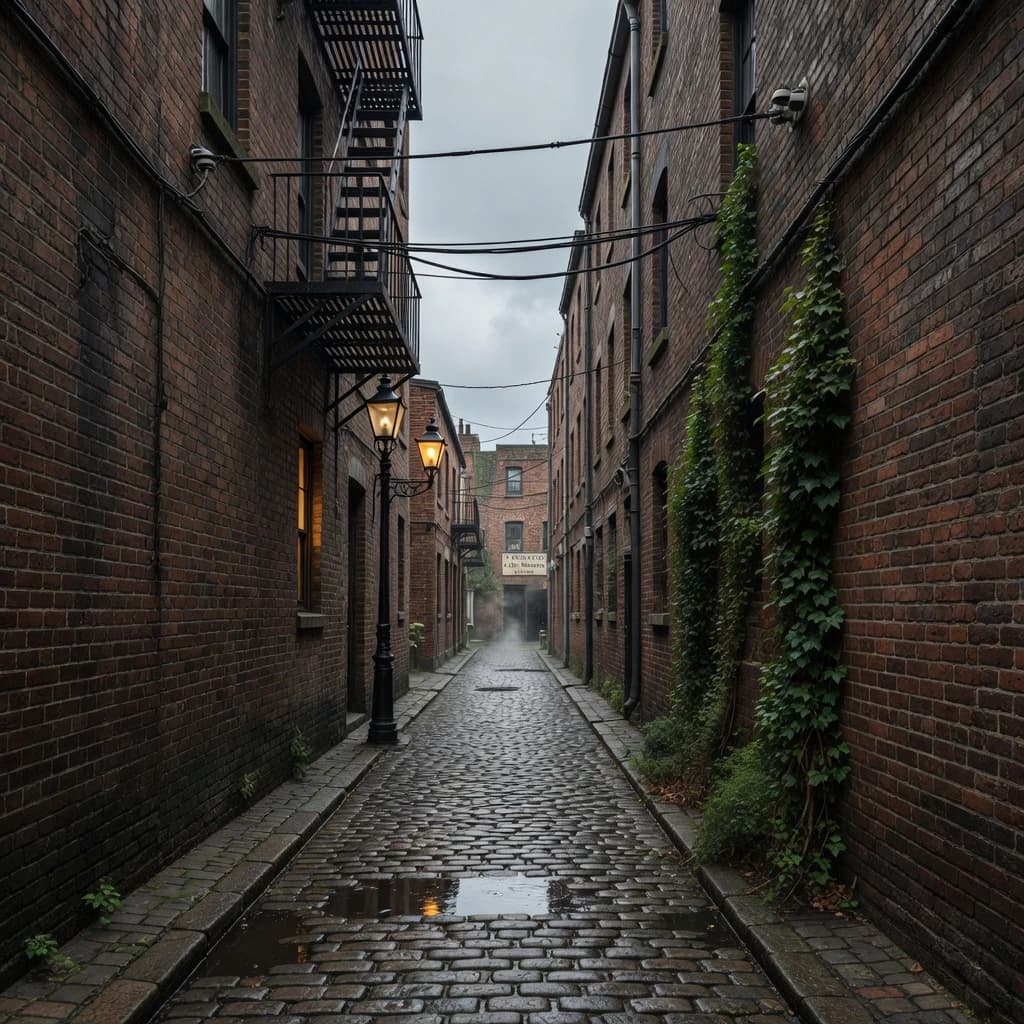 Show a narrow brick alley with wet cobblestones.