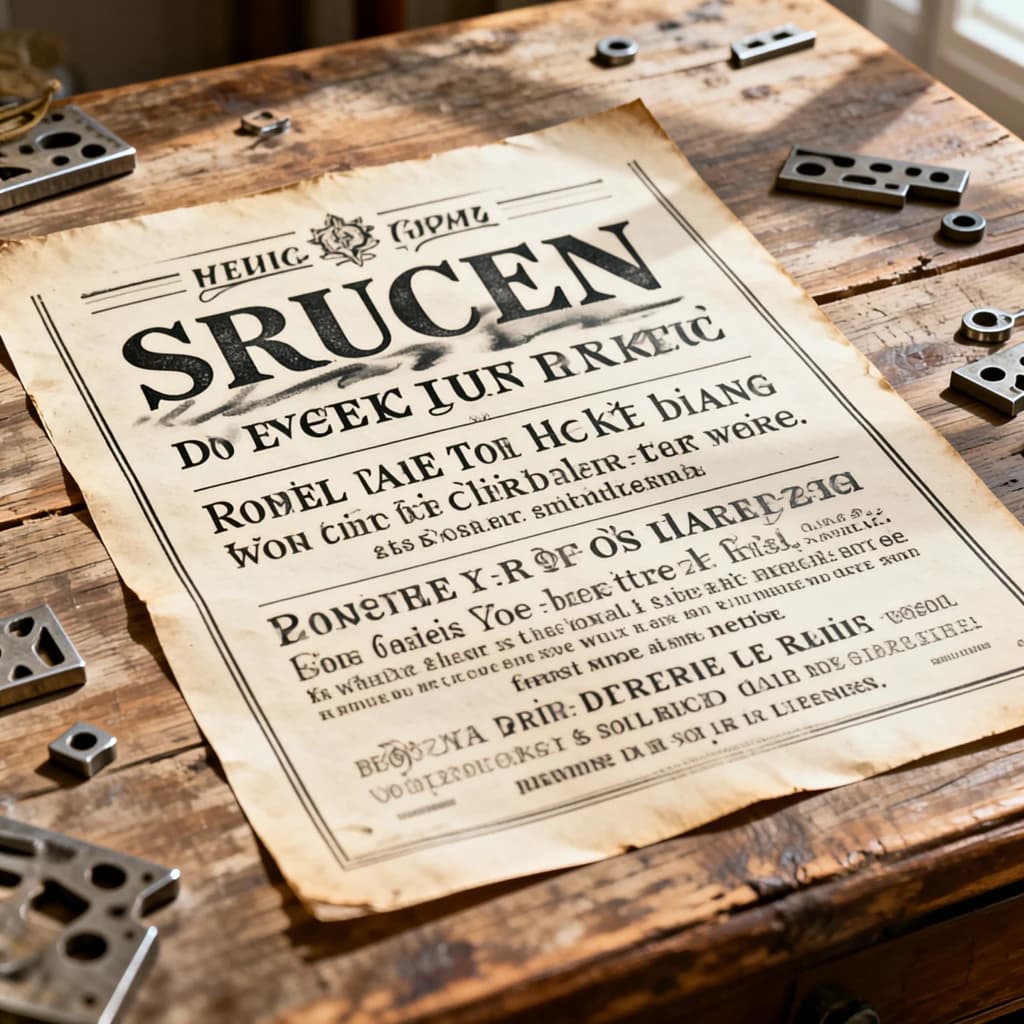 A vintage letterpress poster on a wooden desk: bold slab serif headline, tight kerning, misregistered ink, slightly worn edges, scattered metal type, soft window light.