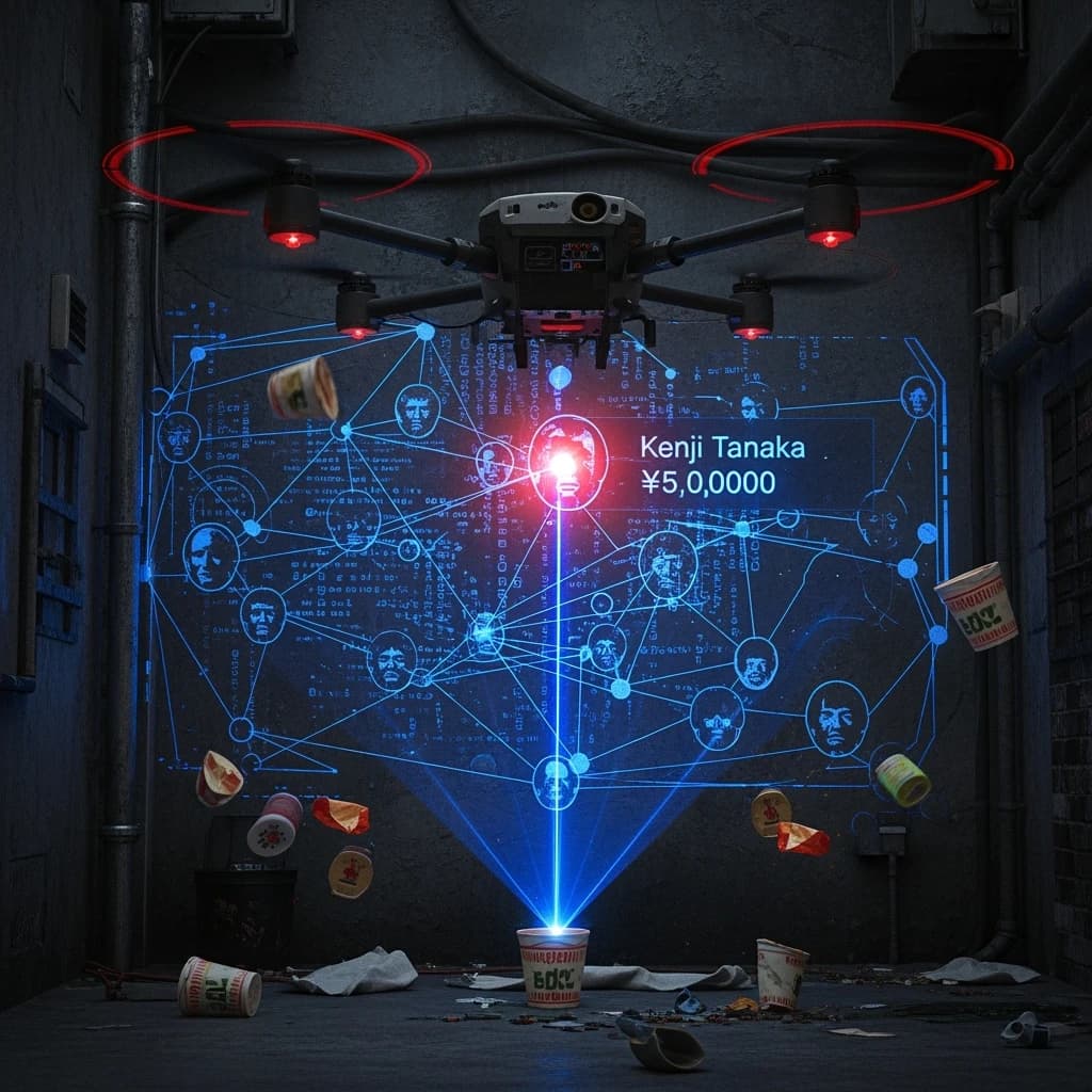 A neon alley in Neo-Tokyo 2142 drips with rain Cybernetic patrons slurp ramen at a stall with their glowing implants humming with blue light. Three giant holographic koi hover 10 metres above the ground and swim across the skyline, one has clipped into a building. A six-prop drone hovers nearby, projecting "Artificial Analysis" onto a wall with blue laser beams visible