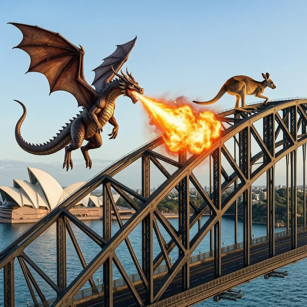 A dragon breathes fire at a kangaroo that is running away by climbing over the top of the Sydney Harbour Bridge. Opera House visible in the background.
