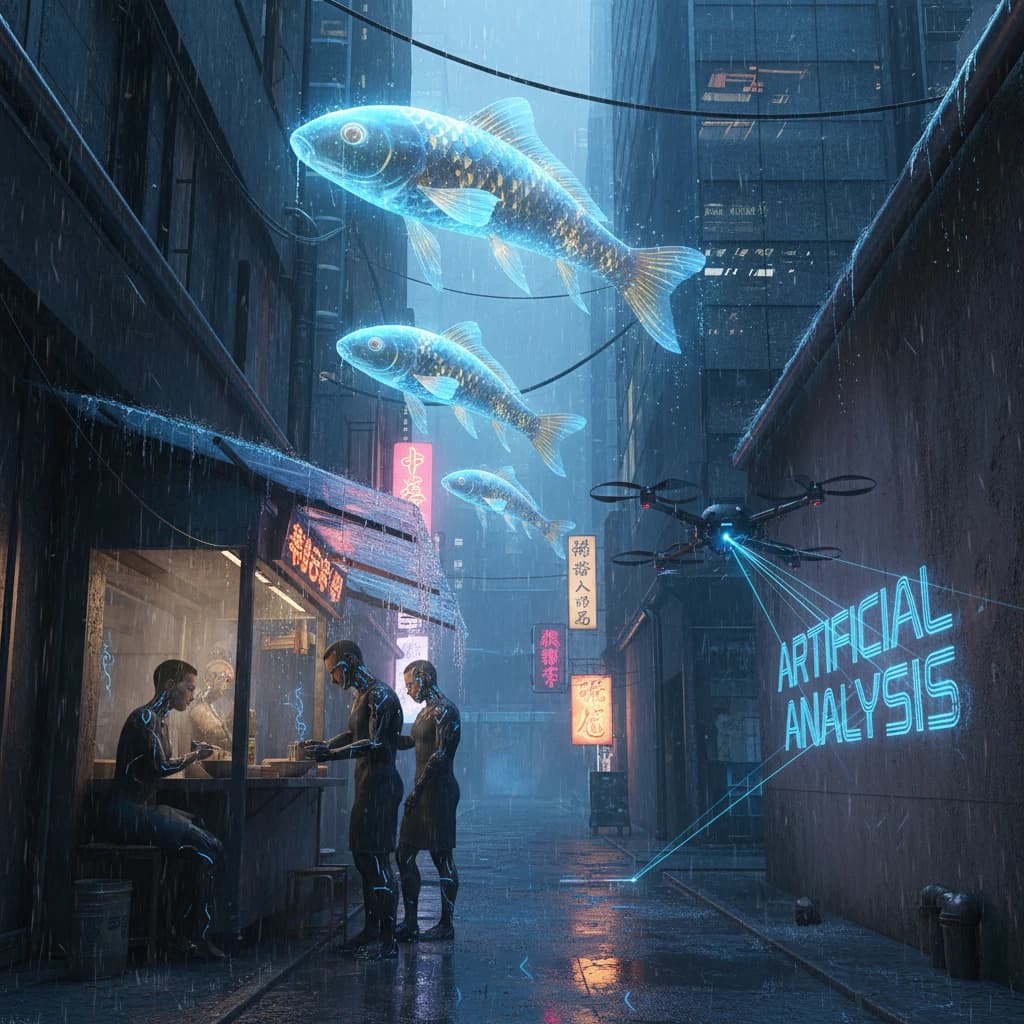 A neon alley in Neo-Tokyo 2142 drips with rain Cybernetic patrons slurp ramen at a stall with their glowing implants humming with blue light. Three giant holographic koi hover 10 metres above the ground and swim across the skyline, one has clipped into a building. A six-prop drone hovers nearby, projecting "Artificial Analysis" onto a wall with blue laser beams visible