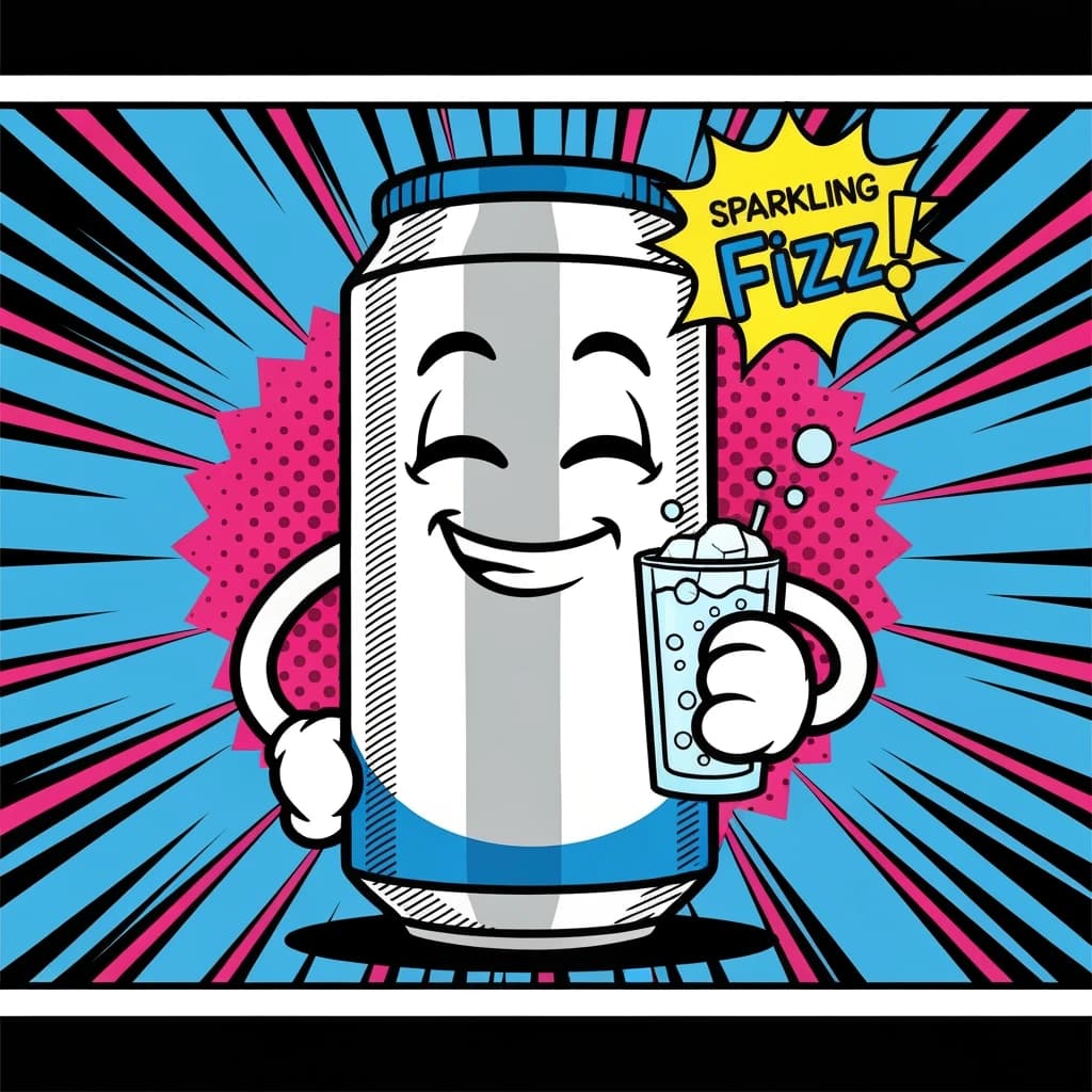 Design a bright soda billboard ad with a bubbly can mascot, thick inky lines.
