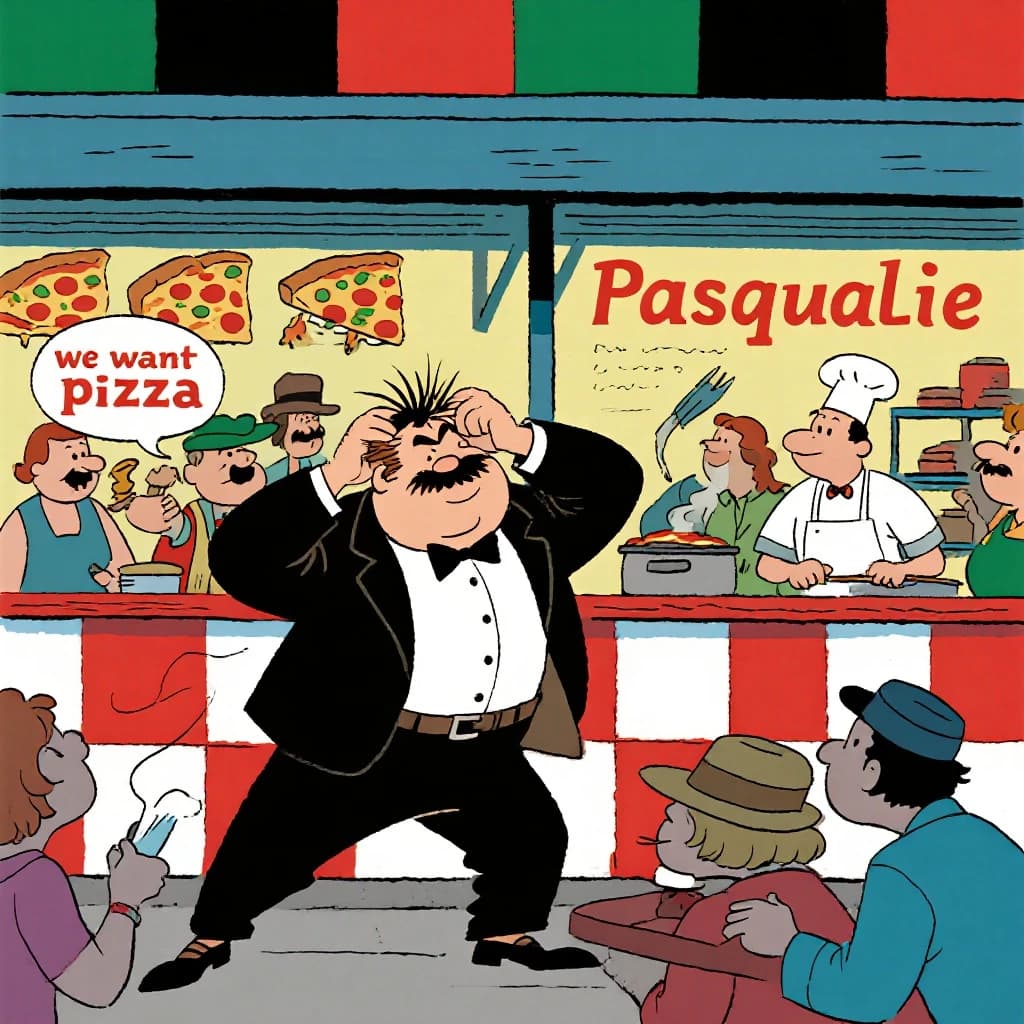 Pasquale is pulling his few remaining hairs out over a disaster at the pizzeria - the cooks are working as fast as they can but the crowds outside are swelling and they demand hot hot pizza! They are banging on the glass and some are wearing "we want pizza" shirts. 1980s western TV animation style.
