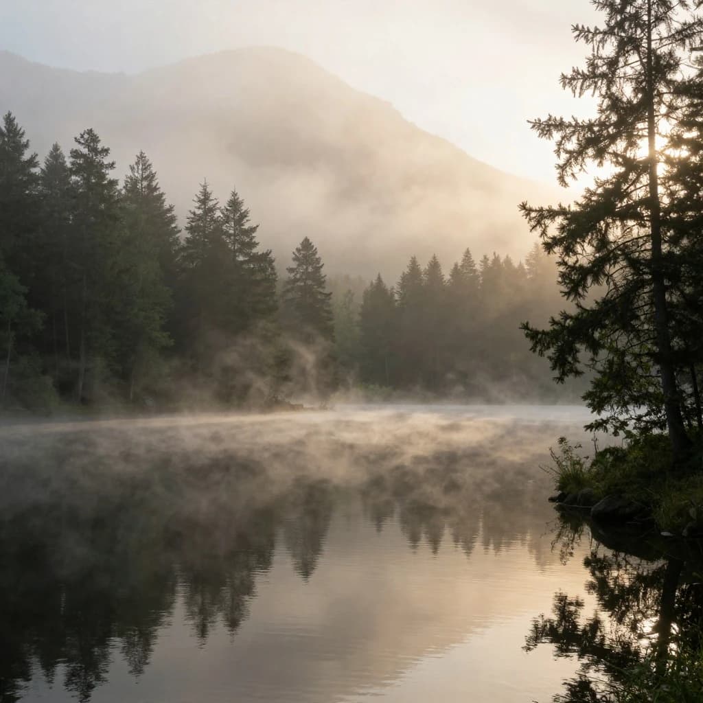 I want a photo of a misty alpine lake at dawn, pines, glassy water, warm light.