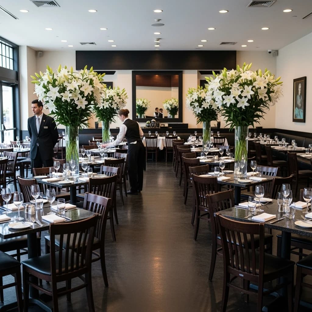 The place is almost empty. The banquettes are covered in white leather, the tables black granite, and the entire room is bathed in halogen track lighting that seems too bright. The maître d’ wears a double-breasted wool crepe jacket. There are lilies on every table.