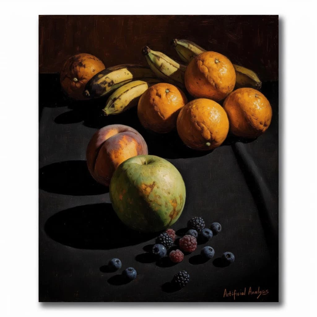 A still life scene painted oil on canvas, comprising various fruits on a black table cloth with striking lighting coming from the right out of frame, creating strong shadows. A bruised green apple is in the foreground, a peach behind it, and behind that a melange of oranges and bananas in various states of ripeness. Berries are strewn in front of the apple. The artist has signed his name "Artificial Analysis" in the bottom right corner in a hurried fashion.