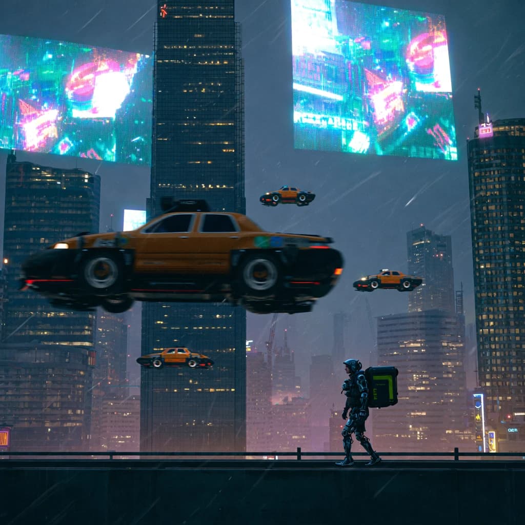 Rain-soaked neon megacity at night, flying taxis weave between glass towers, giant holograms flicker; a lone courier in a matte exosuit, somewhat cinematic wide angle.