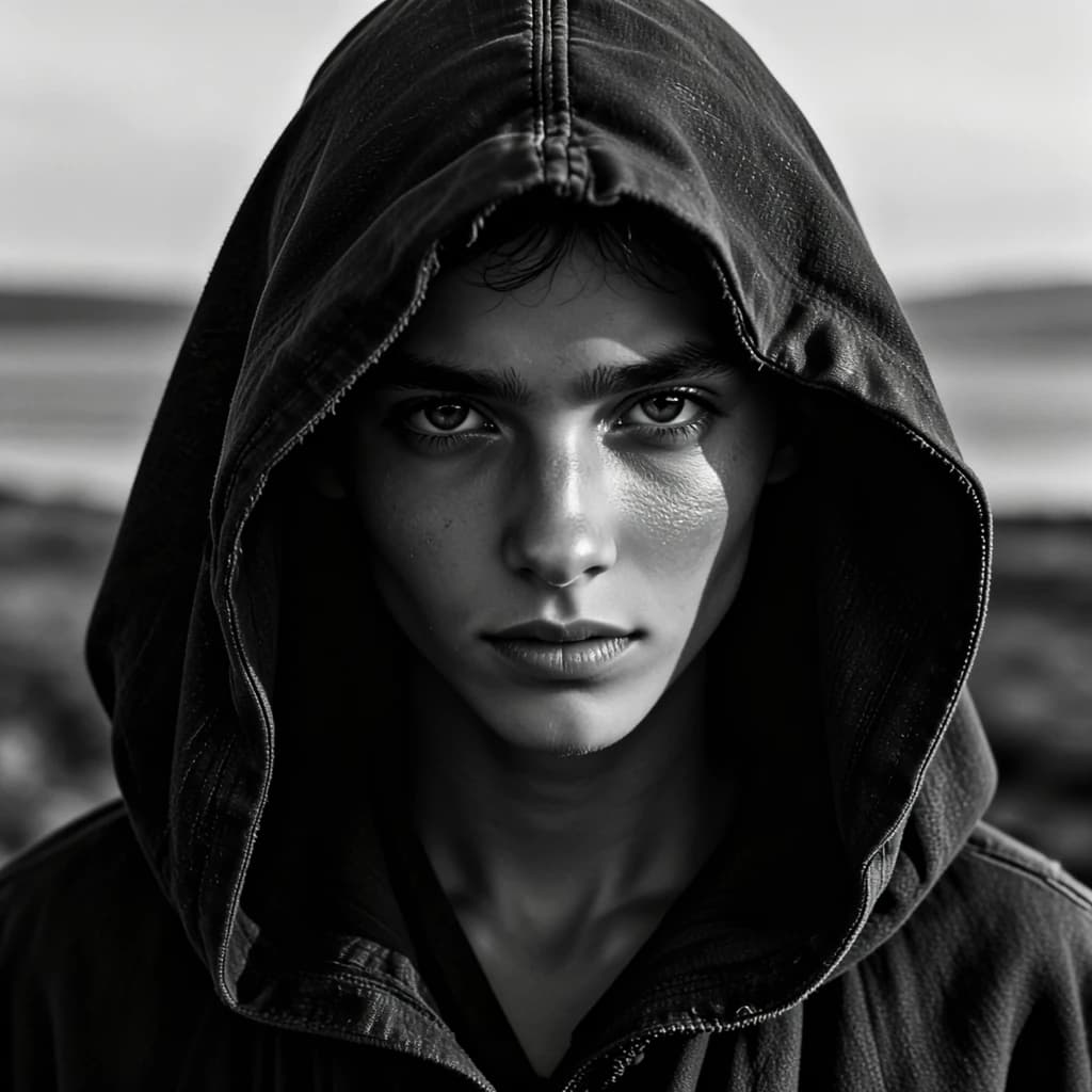 A dramatic black-and-white portrait of a young person draped in a hooded garment, their face framed by the hood's dark folds. Their skin tone and the subtle sheen on their cheeks create striking tonal contrast against the deep shadows. Their eyes are piercing, looking directly into the lens with a calm, steady intensity—neither confrontational nor submissive, but deeply present. The texture of the fabric is visible: it's dense, slightly weathered, and whisper-thin creases catch the light. In the background, an expansive, out-of-focus landscape suggests open space—perhaps distant plains or water—though the details remain soft and abstract. The overall mood is silent yet powerful, poised between vulnerability and resilience, with every highlight and shadow telling part of their story.