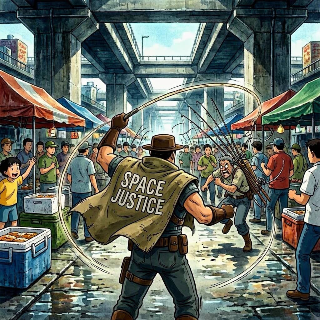 The space cowboy chases the deranged fisherman underneath the causeway, eager to collect on his bounty. Fishing rods and lines hang off the back off the fishermen as he darts between the bustling market crowd. We see the back of the space cowboy in his space poncho emblazoned with the words SPACE JUSTICE, spinning his lasso over his head. A child on the sidelines excitedly cheers the cowboy. 1990s hand drawn anime style with strong fluidity